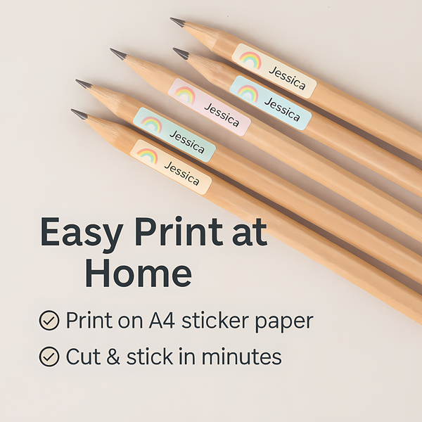 Pastel Rainbow Pencil Label Template – Editable Slim Name Labels (Canva Printable)