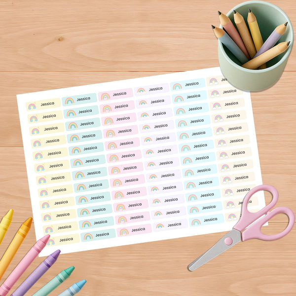 Pastel Rainbow Pencil Label Template – Editable Slim Name Labels (Canva Printable)