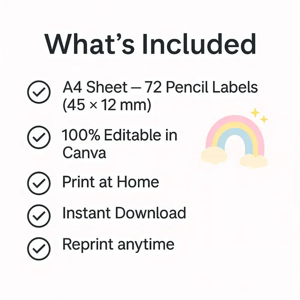 Pastel Rainbow Pencil Label Template – Editable Slim Name Labels (Canva Printable) - Sticksy Prints Australia