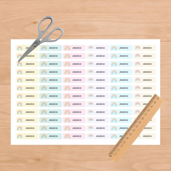 Pastel Rainbow Pencil Label Template – Editable Slim Name Labels (Canva Printable)