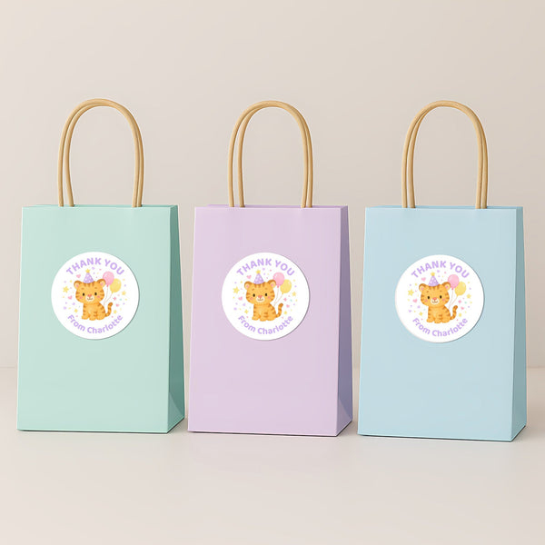 Pastel Tiger Thank You Stickers – Custom Name Kids Birthday Party Favour Labels