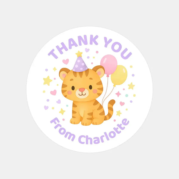 Pastel Tiger Thank You Stickers – Custom Name Kids Birthday Party Favour Labels - Sticksy Prints Australia