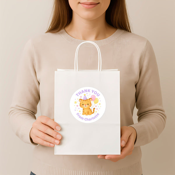 Pastel Tiger Thank You Stickers – Custom Name Kids Birthday Party Favour Labels