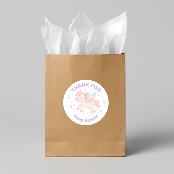 Pastel Unicorn Thank You Stickers – Custom Name Kids Birthday Party Favour Labels
