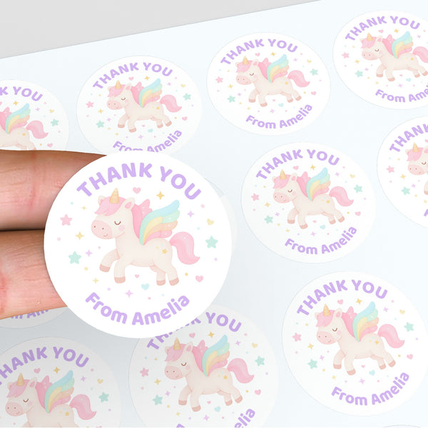 Pastel Unicorn Thank You Stickers – Custom Name Kids Birthday Party Favour Labels