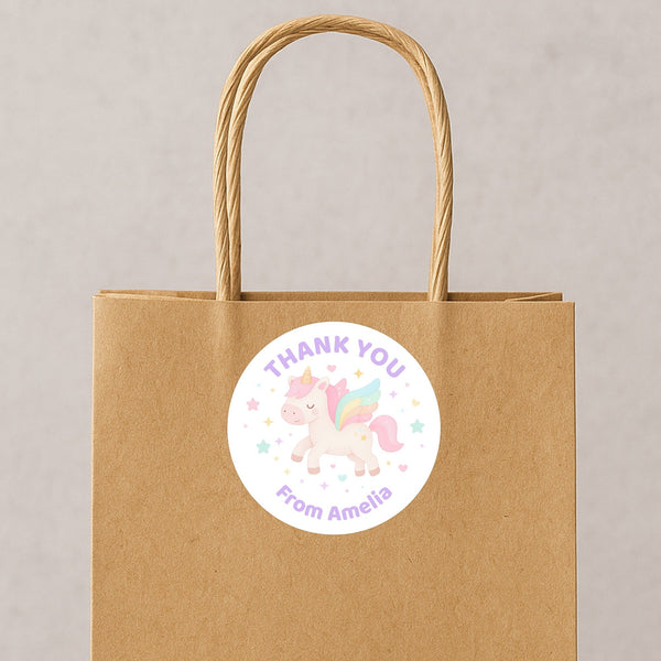 Pastel Unicorn Thank You Stickers – Custom Name Kids Birthday Party Favour Labels