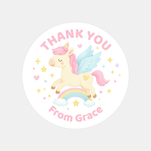 Pastel Unicorn Thank You Stickers – Custom Name Kids Birthday Party Favour Labels