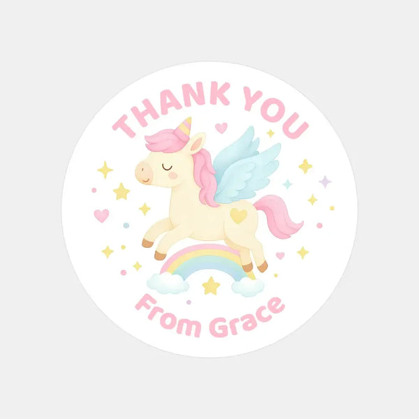 Pastel Unicorn Thank You Stickers – Custom Name Kids Birthday Party Favour Labels - Sticksy Prints Australia