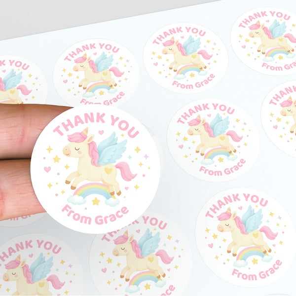 Pastel Unicorn Thank You Stickers – Custom Name Kids Birthday Party Favour Labels