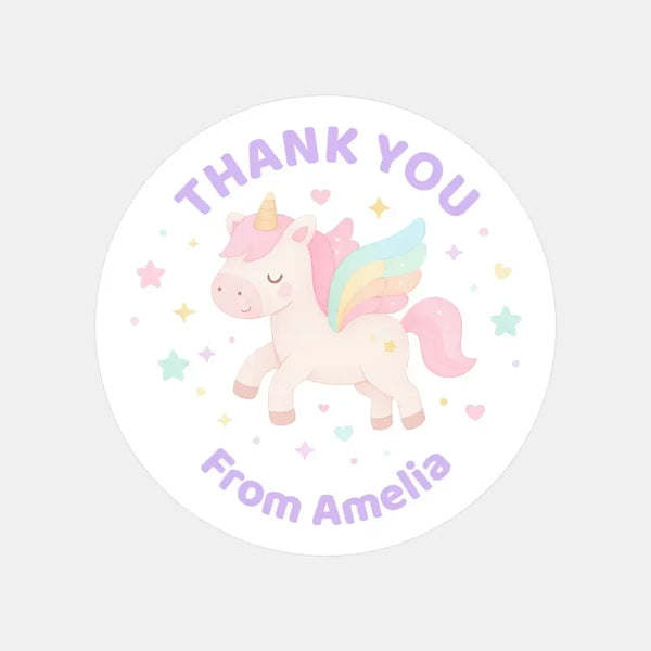 Pastel Unicorn Thank You Stickers – Custom Name Kids Birthday Party Favour Labels - Sticksy Prints Australia
