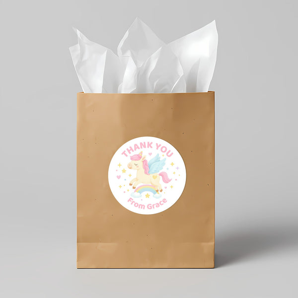 Pastel Unicorn Thank You Stickers – Custom Name Kids Birthday Party Favour Labels