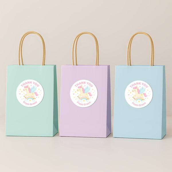 Pastel Unicorn Thank You Stickers – Custom Name Kids Birthday Party Favour Labels