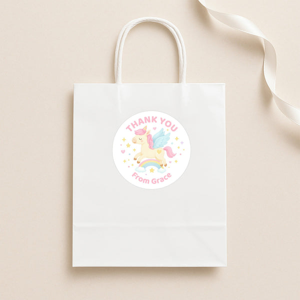Pastel Unicorn Thank You Stickers – Custom Name Kids Birthday Party Favour Labels