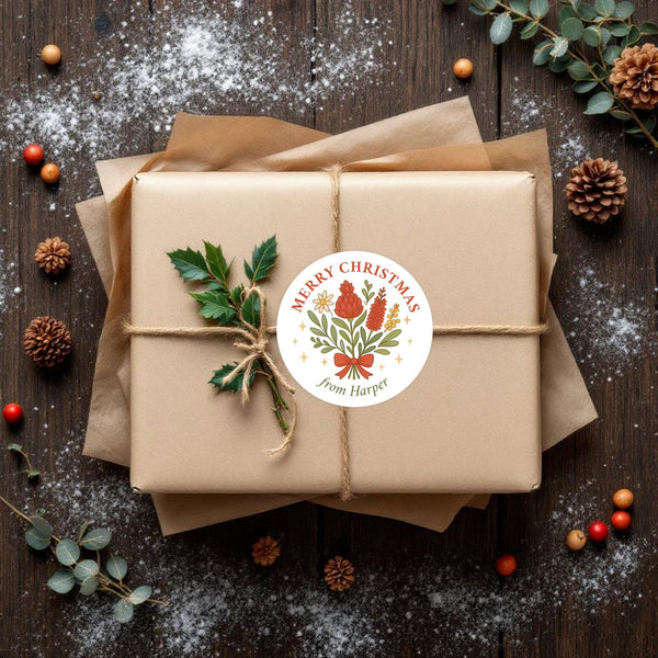 Personalised Australian Floral Christmas Sticker – Merry Christmas Gift Labels