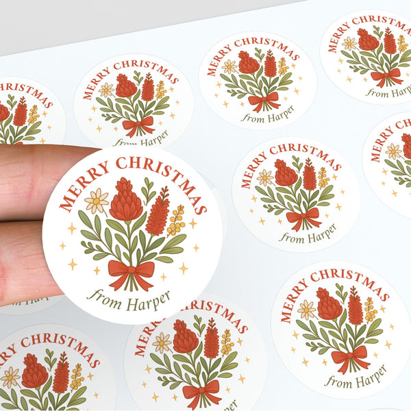 Personalised Australian Floral Christmas Sticker – Merry Christmas Gift Labels
