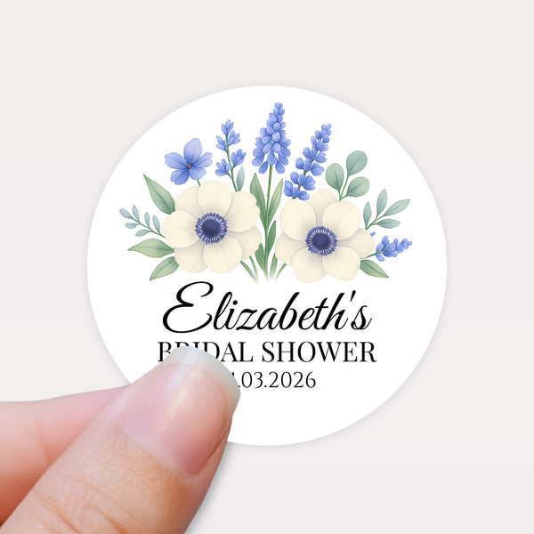 Personalised Blue Anemone Bridal Shower Stickers – Custom Name & Date – Watercolour Floral Favour Labels