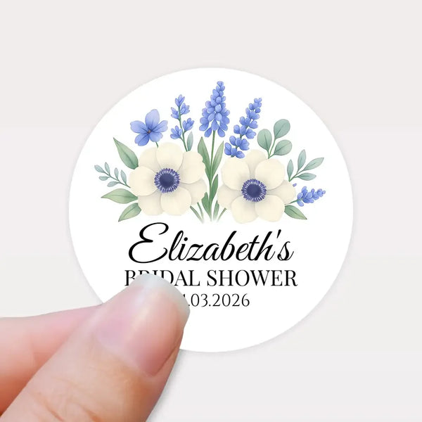 Personalised Blue Anemone Bridal Shower Stickers – Custom Name & Date – Watercolour Floral Favour Labels - Sticksy Prints Australia