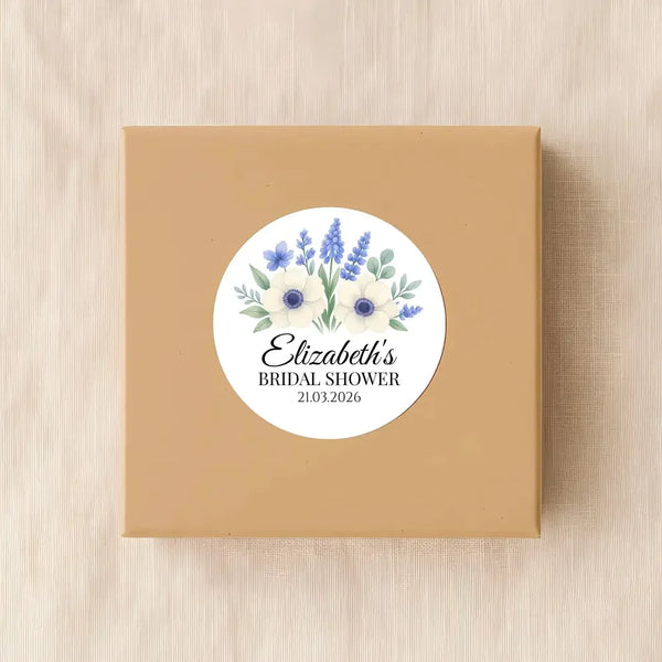 Personalised Blue Anemone Bridal Shower Stickers – Custom Name & Date – Watercolour Floral Favour Labels - Sticksy Prints Australia
