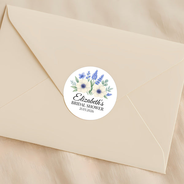 Personalised Blue Anemone Bridal Shower Stickers – Custom Name & Date – Watercolour Floral Favour Labels