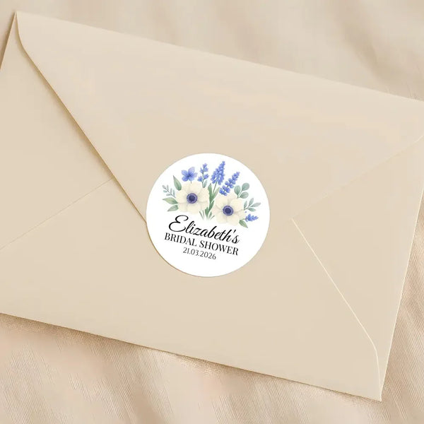 Personalised Blue Anemone Bridal Shower Stickers – Custom Name & Date – Watercolour Floral Favour Labels - Sticksy Prints Australia