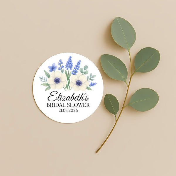 Personalised Blue Anemone Bridal Shower Stickers – Custom Name & Date – Watercolour Floral Favour Labels