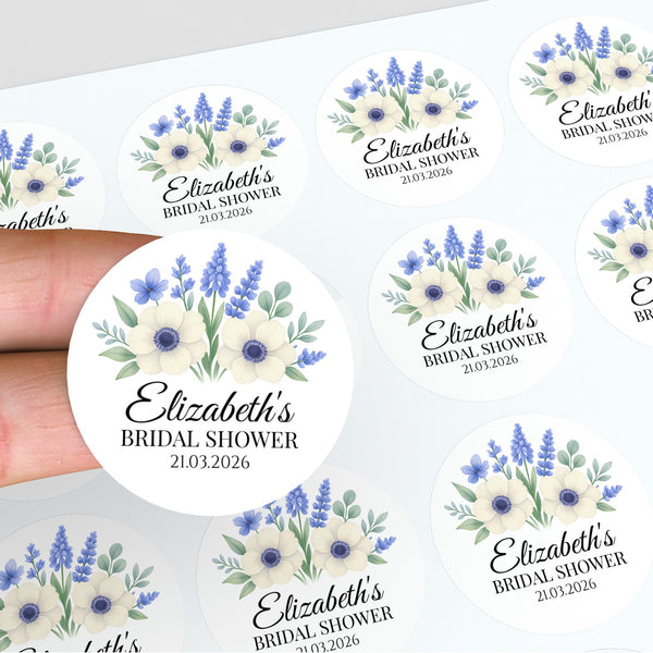 Personalised Blue Anemone Bridal Shower Stickers – Custom Name & Date – Watercolour Floral Favour Labels