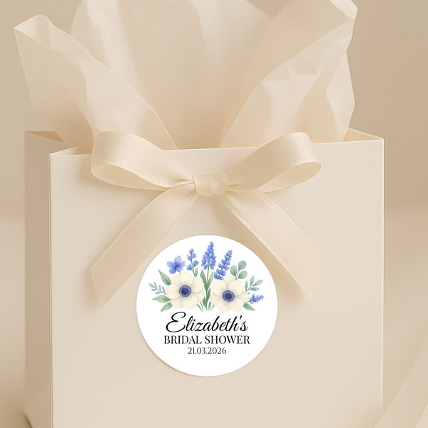 Personalised Blue Anemone Bridal Shower Stickers – Custom Name & Date – Watercolour Floral Favour Labels