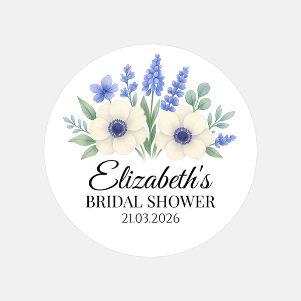 Personalised Blue Anemone Bridal Shower Stickers – Custom Name & Date – Watercolour Floral Favour Labels