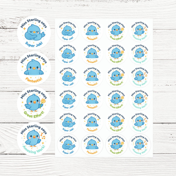 Personalised Blue Bird Teacher Reward Stickers – Cute Kawaii Classroom Stickers