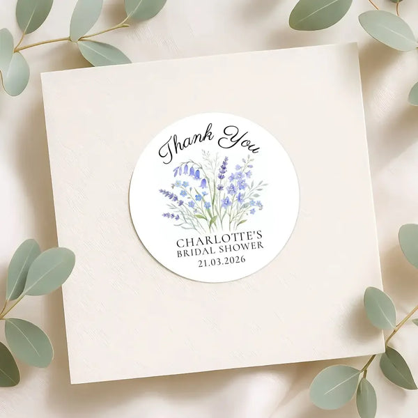 Personalised Blue Wildflower Bridal Shower Thank You Stickers – Custom Name & Date – Watercolour Floral Favour Labels - Sticksy Prints Australia