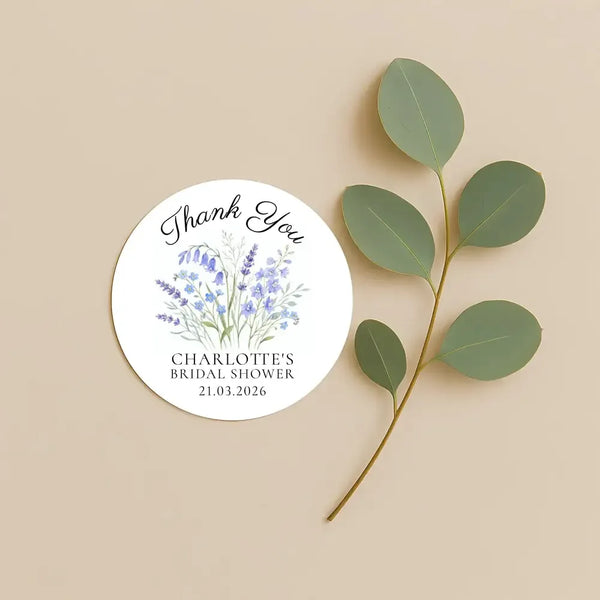 Personalised Blue Wildflower Bridal Shower Thank You Stickers – Custom Name & Date – Watercolour Floral Favour Labels - Sticksy Prints Australia