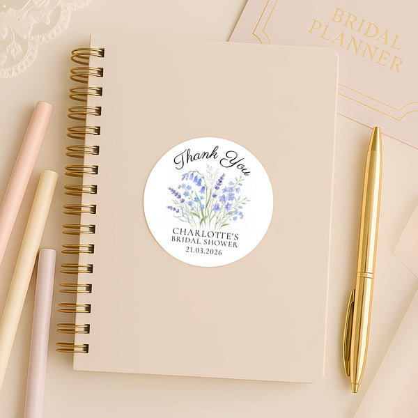 Personalised Blue Wildflower Bridal Shower Thank You Stickers – Custom Name & Date – Watercolour Floral Favour Labels