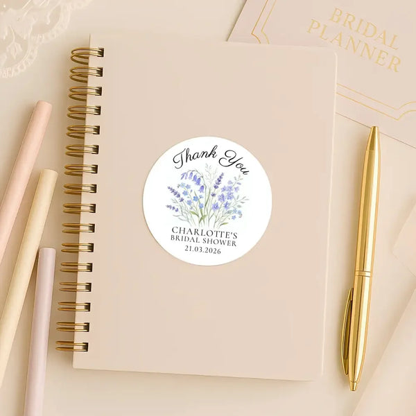 Personalised Blue Wildflower Bridal Shower Thank You Stickers – Custom Name & Date – Watercolour Floral Favour Labels - Sticksy Prints Australia