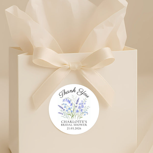 Personalised Blue Wildflower Bridal Shower Thank You Stickers – Custom Name & Date – Watercolour Floral Favour Labels