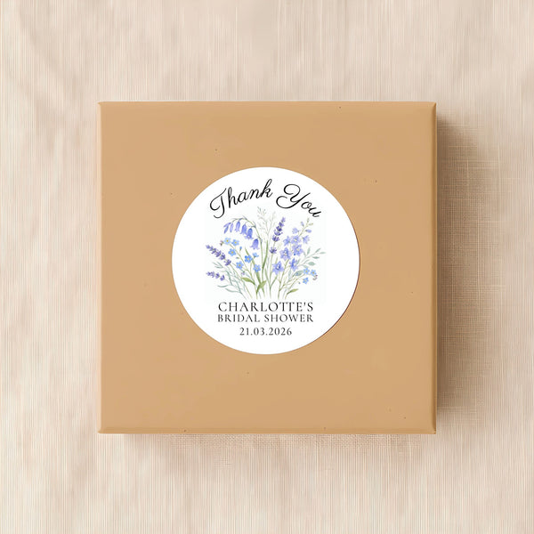 Personalised Blue Wildflower Bridal Shower Thank You Stickers – Custom Name & Date – Watercolour Floral Favour Labels