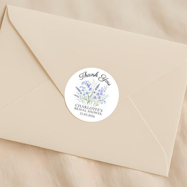 Personalised Blue Wildflower Bridal Shower Thank You Stickers – Custom Name & Date – Watercolour Floral Favour Labels
