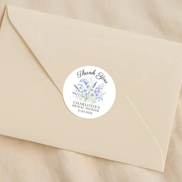 Personalised Blue Wildflower Bridal Shower Thank You Stickers – Custom Name & Date – Watercolour Floral Favour Labels - Sticksy Prints Australia
