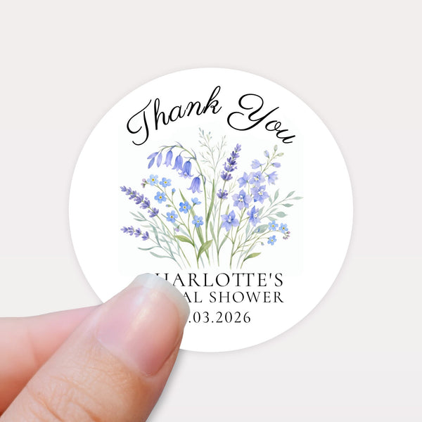 Personalised Blue Wildflower Bridal Shower Thank You Stickers – Custom Name & Date – Watercolour Floral Favour Labels