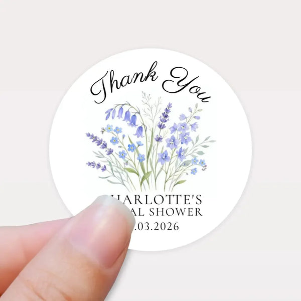 Personalised Blue Wildflower Bridal Shower Thank You Stickers – Custom Name & Date – Watercolour Floral Favour Labels - Sticksy Prints Australia