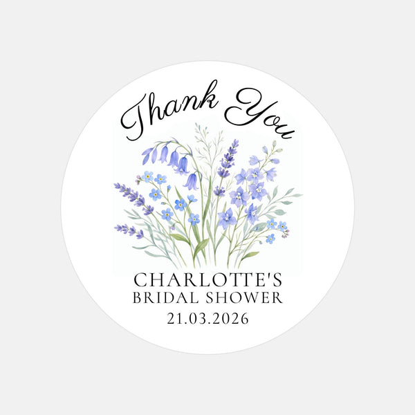 Personalised Blue Wildflower Bridal Shower Thank You Stickers – Custom Name & Date – Watercolour Floral Favour Labels