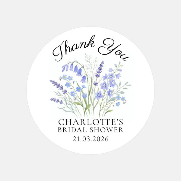 Personalised Blue Wildflower Bridal Shower Thank You Stickers – Custom Name & Date – Watercolour Floral Favour Labels - Sticksy Prints Australia