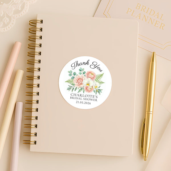 Personalised Blush Floral Bridal Shower Thank You Stickers – Custom Name & Date – Watercolour Peony & Orchid Labels