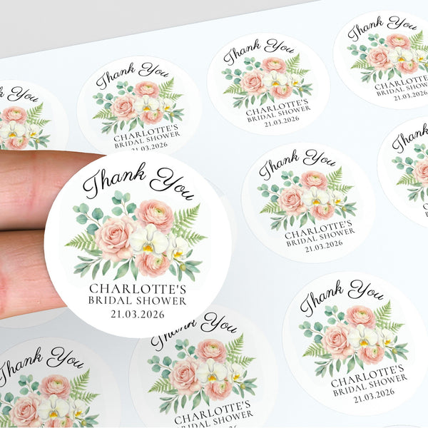 Personalised Blush Floral Bridal Shower Thank You Stickers – Custom Name & Date – Watercolour Peony & Orchid Labels