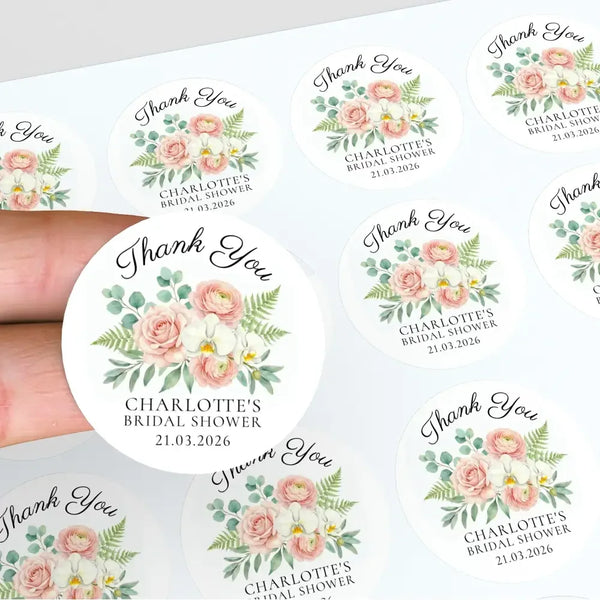 Personalised Blush Floral Bridal Shower Thank You Stickers – Custom Name & Date – Watercolour Peony & Orchid Labels - Sticksy Prints Australia