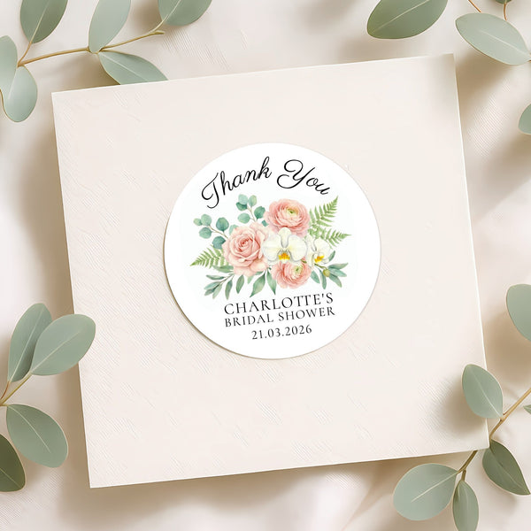 Personalised Blush Floral Bridal Shower Thank You Stickers – Custom Name & Date – Watercolour Peony & Orchid Labels