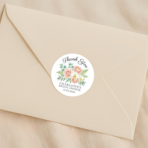 Personalised Blush Floral Bridal Shower Thank You Stickers – Custom Name & Date – Watercolour Peony & Orchid Labels