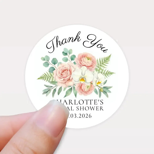 Personalised Blush Floral Bridal Shower Thank You Stickers – Custom Name & Date – Watercolour Peony & Orchid Labels - Sticksy Prints Australia