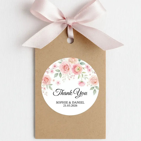 Personalised Blush Pink Floral Wedding Thank You Stickers | Rose & Blossom Favour Labels - Sticksy Prints Australia