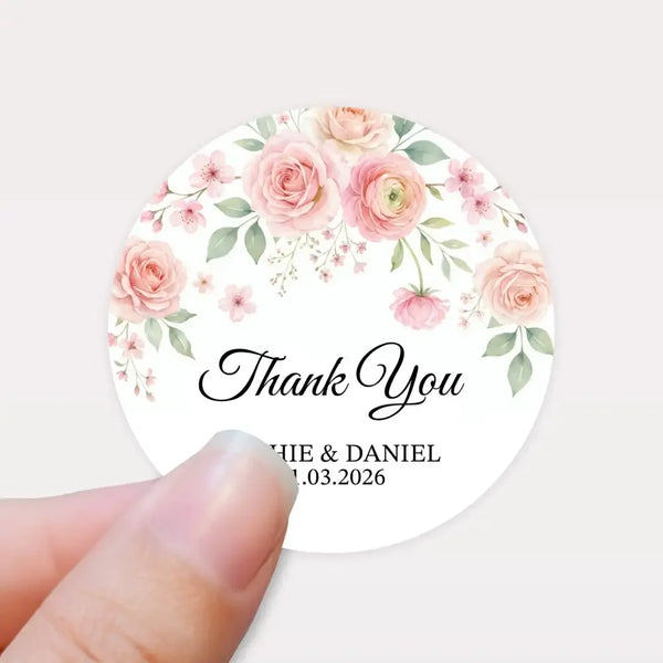 Personalised Blush Pink Floral Wedding Thank You Stickers | Rose & Blossom Favour Labels - Sticksy Prints Australia
