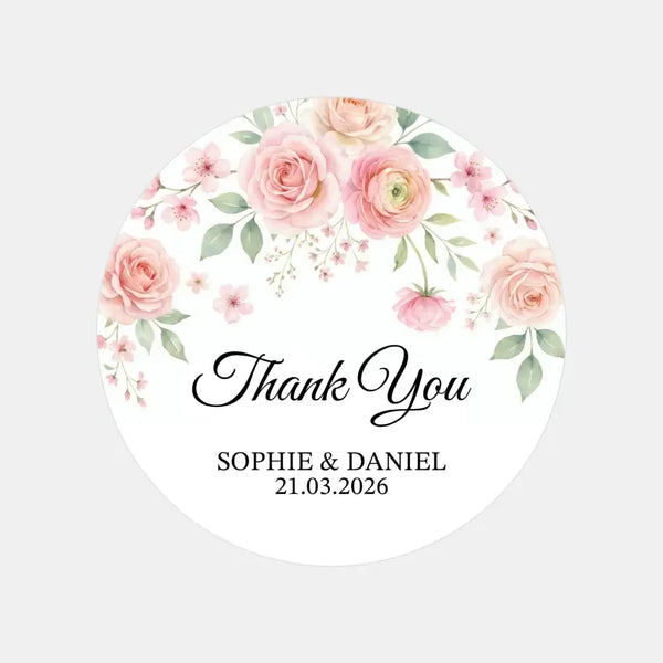 Personalised Blush Pink Floral Wedding Thank You Stickers | Rose & Blossom Favour Labels - Sticksy Prints Australia